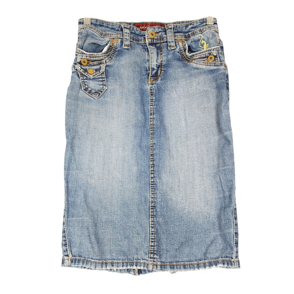 Baby Phat Jean Co Denim Midi Skirt Blue Wash Embroidered Pockets Back Zip Size 7